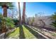 Landscaped backyard with a grassy area and mature trees at 10009 Dusty Winds Ave, Las Vegas, NV 89117