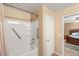 Clean bathroom with shower/tub combo and linen closet at 3028 Gannon Ridge Ave, North Las Vegas, NV 89081