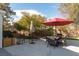 Backyard patio with seating area, red umbrella, and artificial turf at 2000 Catalina Marie Ave, Henderson, NV 89074