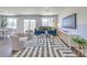 Living room with a blue sofa, patterned rug, and large windows at 2641 Snapdragon Falls Ave # 106, North Las Vegas, NV 89081