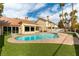 Backyard featuring a private pool, lush greenery, and a covered patio at 7909 Rio Rico Dr, Las Vegas, NV 89113