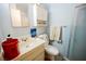 Small bathroom with shower and white vanity at 6770 Laronda Ln, Las Vegas, NV 89156