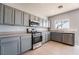 Modern kitchen with gray cabinets and stainless steel appliances at 5555 Sun Temple Ave, Las Vegas, NV 89139