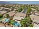 Aerial view showcasing a house with a pool and backyard, surrounded by palm trees at 9523 Castillana Ct, Las Vegas, NV 89147