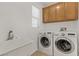 Well-lit laundry room featuring a sink, wooden cabinets, and modern washer and dryer at 3109 Madame Plantier Ave, North Las Vegas, NV 89081