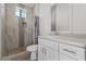 Simple bathroom with shower, toilet and vanity with a mirror at 3720 W Charleston Park Ave, Pahrump, NV 89048