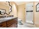 Upscale bathroom with marble vanity and a large shower at 2777 Paradise Rd # 3701, Las Vegas, NV 89109