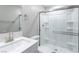 Bathroom with single vanity, large mirror and walk-in shower at 1348 Mariposa Way, Mesquite, NV 89027