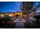 Illuminated front yard with fountain and landscaping at dusk at 3361 Winery Rd, Pahrump, NV 89048