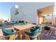 Outdoor patio and dining area with teal chairs and wooden table at 816 Franklin Ave, Las Vegas, NV 89104