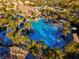 Wide aerial shot showcasing the community pool, mature trees, clubhouse, and lush desert landscaping at 553 Sinfold Park St, Las Vegas, NV 89148
