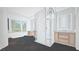 A full bathroom rendered with walk-in shower, bathtub, windows, dual vanities and dark herringbone floor at 1705 Corta Bella Dr, Las Vegas, NV 89134