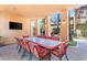 Spacious covered patio with a large dining table and a view of the pool at 10117 Summit Canyon Dr, Las Vegas, NV 89144