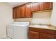 Functional laundry room with upper cabinets, sink with counter, and washer and dryer at 12 Oro Valley Dr, Henderson, NV 89052