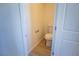 Powder room with a white toilet, wood-look flooring and white trim at 5841 Genoa Ave, Pahrump, NV 89060