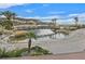 Sandy lagoon shore with a wooden footbridge and palm trees at 65 Garibaldi Way, Henderson, NV 89011