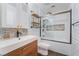 This bathroom offers a modern vanity with decorative tile, and a glass-enclosed shower at 109 Ayesha Ln, Henderson, NV 89074