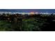 A nighttime view shows the city lights sparkling behind lush trees on the property at 641 Saint Croix St, Henderson, NV 89012