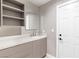 Modern bathroom with vanity, floating shelves, and white door at 2204 Plaza De La Candela, Las Vegas, NV 89102