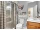 Small bathroom with shower and updated vanity at 4356 La Romita St # 2, Pahrump, NV 89061