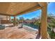 Covered patio offers a serene view of the pool and landscaped backyard at 5635 Exotic Rosette Ave, Las Vegas, NV 89139