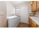 Bright laundry room with washer, dryer, and storage cabinets at 8212 Bolingbrook Ave, Las Vegas, NV 89149