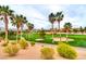 Picturesque golf course view with sand traps, lush green fairway, palm trees, and distant mountain backdrop, community living at 217 Via Luna Rosa Ct, Henderson, NV 89011