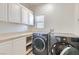 A well-organized laundry room with front loading washer/dryer units and plenty of storage space at 217 Via Luna Rosa Ct, Henderson, NV 89011