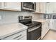 Modern kitchen with stainless steel range, microwave, and white cabinets at 4390 E Cactus Canyon Dr, Pahrump, NV 89061