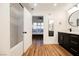 Modern bathroom with double vanity, walk-in shower, and city view at 150 Las Vegas Blvd # 1909, Las Vegas, NV 89101