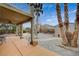 Large backyard with patio, palm trees, and a shed at 1125 Neva Ranch Ave, North Las Vegas, NV 89081