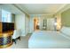 Bright bedroom with king-size bed, work area, and bathroom access at 125 E Harmon Ave # 1702, Las Vegas, NV 89109