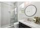 Modern bathroom with walk-in shower, quartz countertop, and frameless glass enclosure at 304 Elder View Dr, Las Vegas, NV 89138