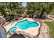 Backyard pool and spa is fenced in for safety, surrounded by desert landscaping at 2604 Sun Reef Rd, Las Vegas, NV 89128