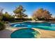 Inviting swimming pool with a built-in spa and lush tropical landscaping at 8365 Hauck St, Las Vegas, NV 89139