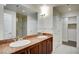 Bathroom with double sinks, granite countertop and walk-in shower at 150 N Las Vegas Blvd # 1505, Las Vegas, NV 89101