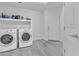 Bright laundry room featuring a modern washer, dryer, and storage shelves at 6276 Olde Lockford Ct, Las Vegas, NV 89139