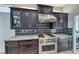 Close-up view of the gourmet kitchen's stainless steel stove and dark wood cabinetry at 2540 Youngdale Dr, Las Vegas, NV 89134