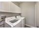 Laundry room with modern washer and dryer, white cabinets for storage, and neutral colored walls at 4731 Norwegian St, Las Vegas, NV 89147