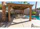 Covered patio with a dining table and chairs, adjacent to the pool at 528 Copper View St, Henderson, NV 89052