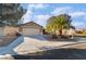 Inviting single-level home featuring a wide driveway and a desert-landscaped front yard with a palm tree at 551 Morning Mauve Ave, Las Vegas, NV 89183