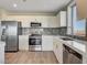 Contemporary kitchen featuring stainless steel appliances, sleek countertops, and gray subway tile backsplash at 8255 Las Vegas Blvd # 611, Las Vegas, NV 89123