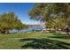 Well-manicured lawn, mature trees, and lake access are backyard highlights at 25 Via Mantova # 2, Henderson, NV 89011