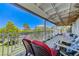 Covered balcony with comfortable seating and backyard view at 5880 W Oquendo Rd, Las Vegas, NV 89118