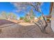 A backyard featuring decorative rock, mature landscaping, a brick perimeter, and a partial view of the covered patio at 1056 Flatfoot Ave, Henderson, NV 89012