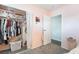 Bright bedroom featuring a carpeted floor and closet with a lace curtain at 4110 Oakhill Ave, Las Vegas, NV 89121
