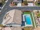 Aerial view showcasing a home's backyard pool and landscaping at 5310 Esparon Ave, Las Vegas, NV 89141