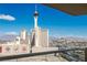 Expansive Las Vegas skyline view, showcasing the iconic Sahara Hotel tower and surrounding cityscape, from a high-rise balcony at 2777 Paradise Rd # 1105, Las Vegas, NV 89109
