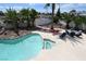 Stunning aerial view of a pristine pool and spa surrounded by lush palm trees and lounge seating at 4193 W Warm Springs Rd, Las Vegas, NV 89118