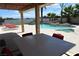 Backyard pool features a water feature, outdoor dining area and mature landscaping at 4193 W Warm Springs Rd, Las Vegas, NV 89118